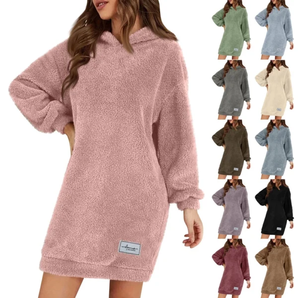 Women's Fashion Hooded Long Sleeve Plush Dress Solid Color Casual Sweatshirt