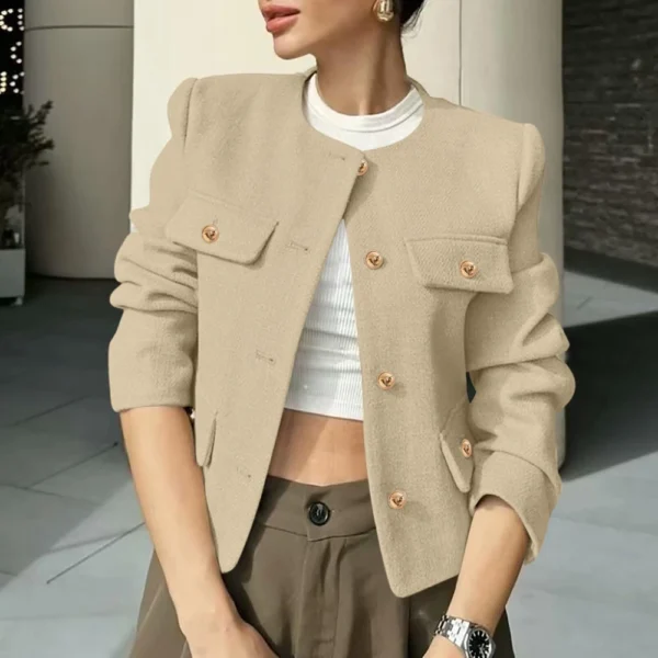 Women's Solid Color Round Neck Fashionable Button Decorated Short Jaket - Image 13