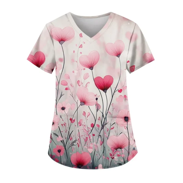 Women's Cute Printed Work Clothes V-neck Double Layer Pockets Basic Short - Image 38