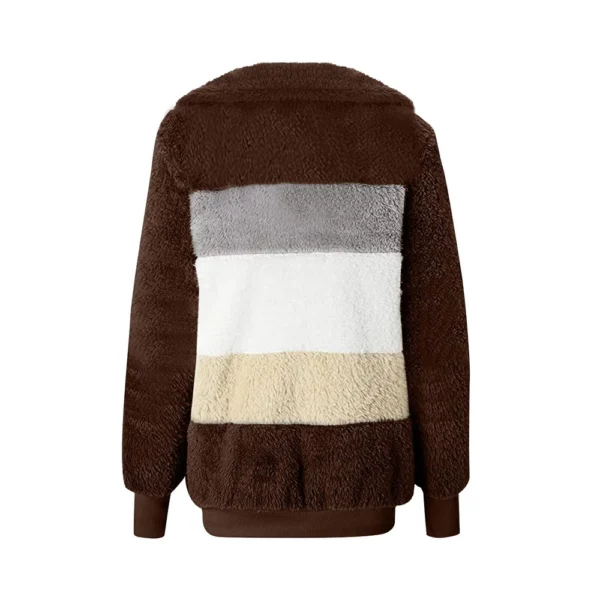 Women's Casual Color Blocking Loose Plush Zippered Flip Collar Jacket With - Image 12