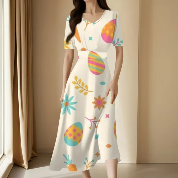 Ladies Casual Fashion Gradient Print V-Neck Short Sleeve Waist Long Swing Dress - Image 13