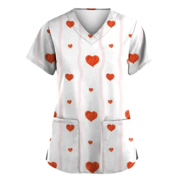 Women's Valentine's Day Printed  Uniform Work Uniform V-Neck Pocket Protective - Image 25
