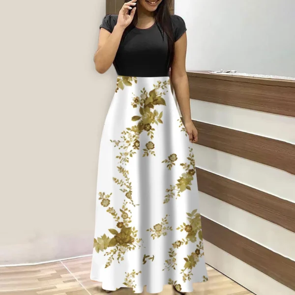 Women's Fashion Casual Loose Printed Round Neck Short Sleeve Long Dresses - Image 28