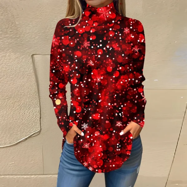 Women's Casual Christmas High Neck Pullover Long Sleeve Fashion Printed T-Shirt - Image 28