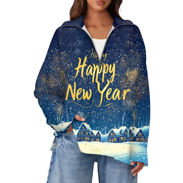 Women's Casual Half Zipper Lapel Christmas Printed Pullover Top Side Slit - Image 17