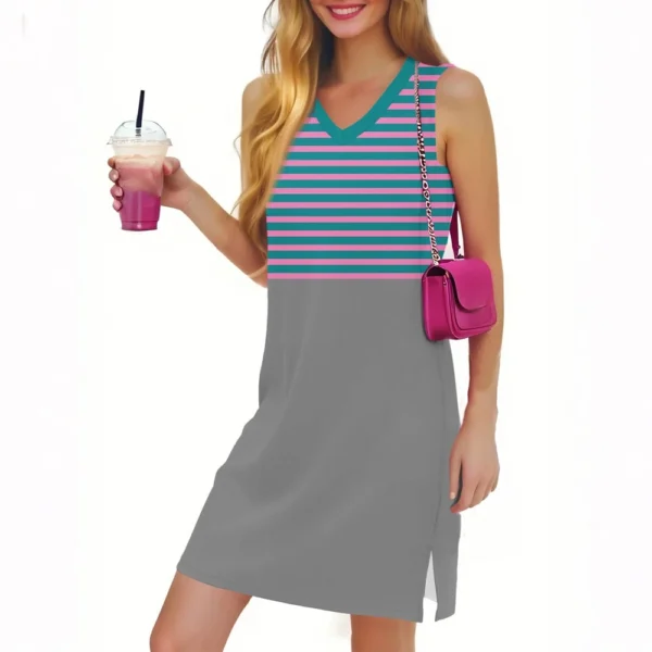 Women's Casual Fashion Sexy V-neck Sleeveless Striped Hem Slit Dress - Image 11