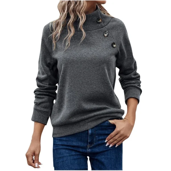 Women's Fashion Casual Solid Color High-neck Button Loose Long-sleeved Hoodie - Image 5