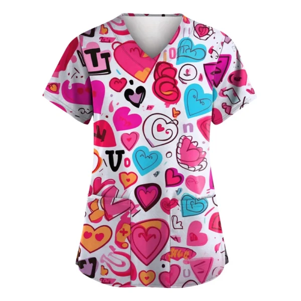 Women's Valentine's Day Printed  Uniform Work Uniform V-Neck Pocket Protective - Image 22