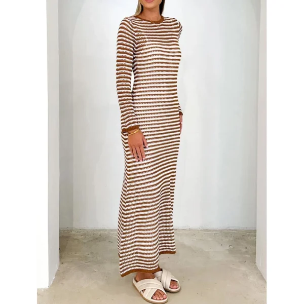 Women's Casual Striped Long Sleeved Sweater Dress, Mid Length Dress, Slim Fit - Image 8