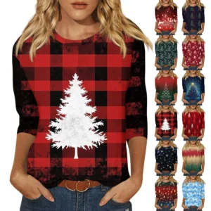 Ladies Loose Casual Round Neck T-Shirt Printed 3/4 Sleeve Christmas Women's Top