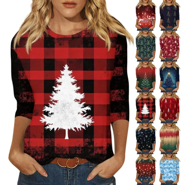 Ladies Loose Casual Round Neck T-Shirt Printed 3/4 Sleeve Christmas Women's Top