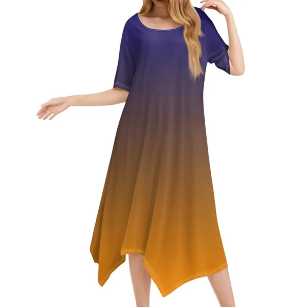 Women's Casual Fashion Round Neck Short Sleeve Print Irregular Hem Midi Dress - Image 32