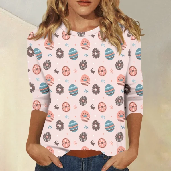 Women's Tops 3/4 Sleeve Casual Fashion Plus Size Basic Easter Printed Pullover - Image 13