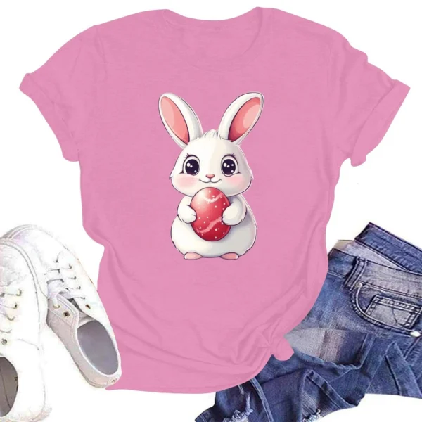 Happy Easter Women's Fashion Printed Round Neck Short Sleeve T-Shirt Pullover - Image 25