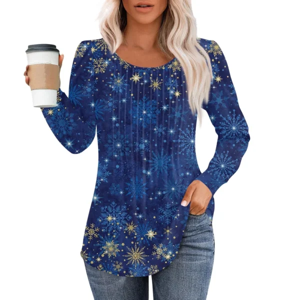 Women's Casual Christmas T-Shirt Round Neck Printed Pleated Long Sleeved Top - Image 9