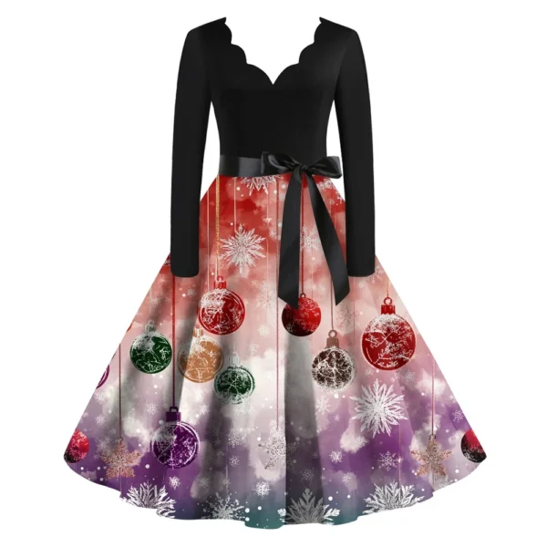 Women's Casual V-Neck Christmas Printed Fashion Long Sleeve Slim Dresses - Image 22