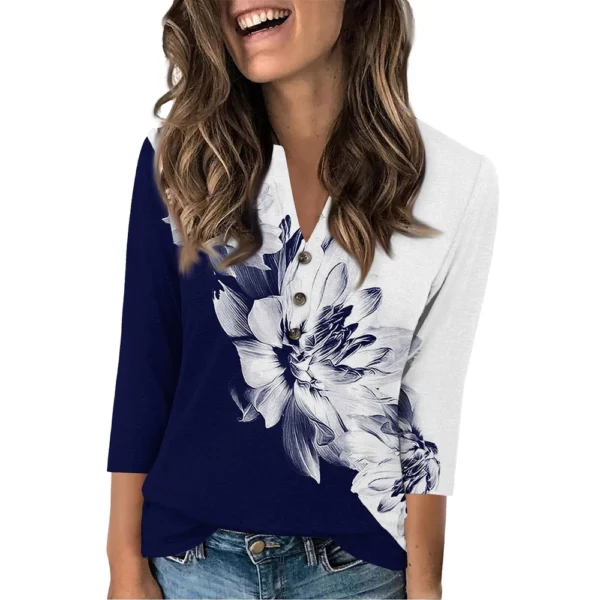 Women's Fashion Casual Loose 3/4 Sleeve Printed Round Neck Top - Image 4