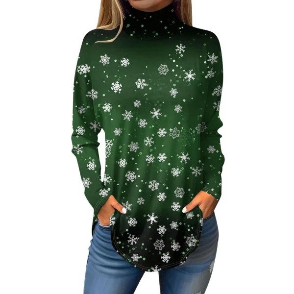 Women's Printed Pullover High Neck Fashion Long Sleeve Casual Christmas T-Shirt - Image 23