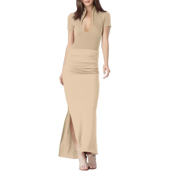 Women's Deep V-Neck Short-Sleeved Solid Color Pleated Long Dress - Image 13