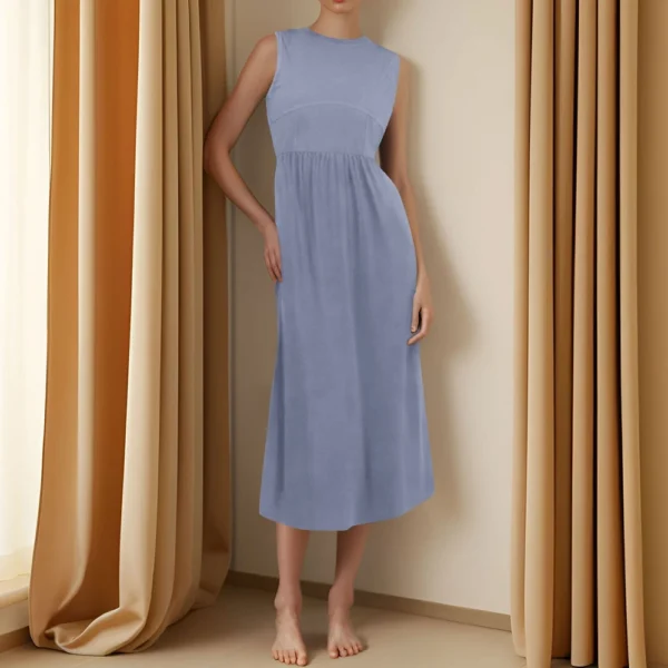Women's Casual Fashion Round Neck Sleeveless Solid Irregular Hem Midi Dress - Image 22