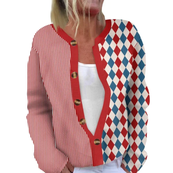 Women's Fashion Long Sleeve  Carnival Color Stripes Print Jacket Cardigan - Image 9