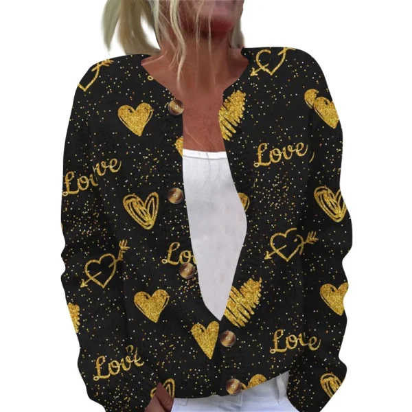 Women's Fashion Printed Valentine's Day Long Sleeved Knitted Cardigan Button - Image 6