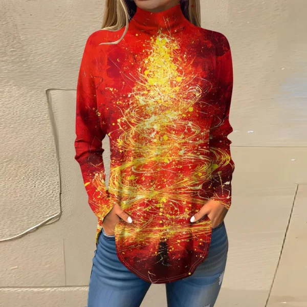 Women's Casual Pullover High Neck Christmas Long Sleeve Printed Fashion T-Shirt - Image 25