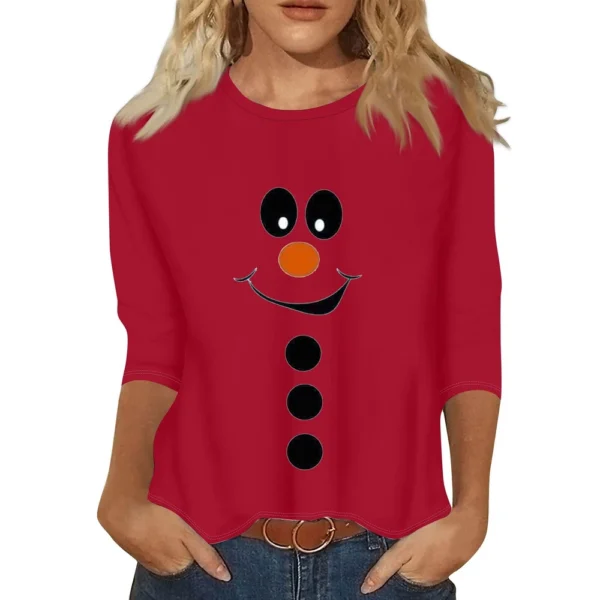 Women's Christmas Casual Round Neck T-Shirt Printed 3/4 Sleeve Loose Ladies Top - Image 10