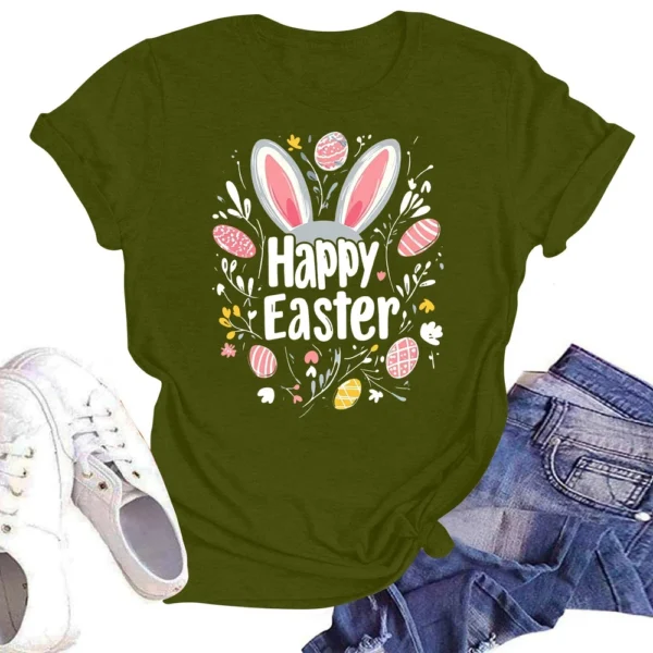 Happy Easter Women's Fashion Printed Round Neck Short Sleeve T-Shirt Pullover - Image 13