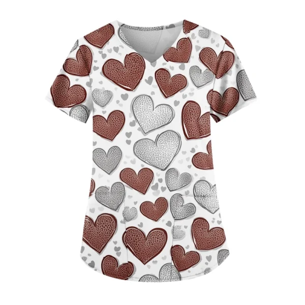 Women's Cute Printed Work Clothes V-neck Double Layer Pockets Basic Short - Image 6