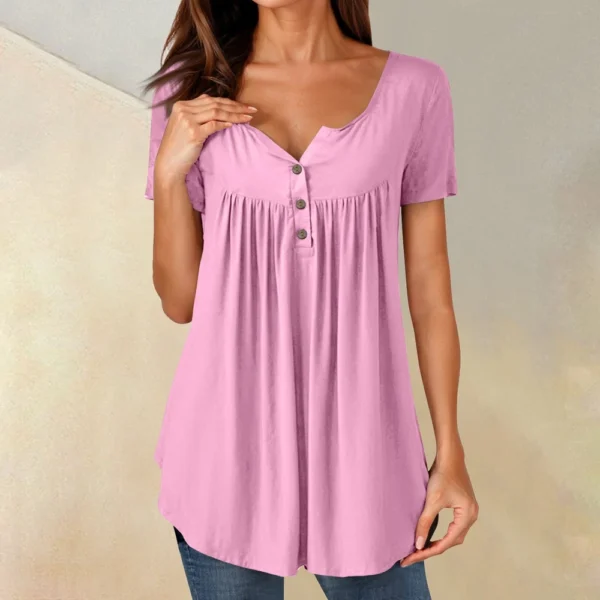 Women Tunic Tops Dressy Casual Summer Short Sleeve Shirts Loose Fit Pleated - Image 43