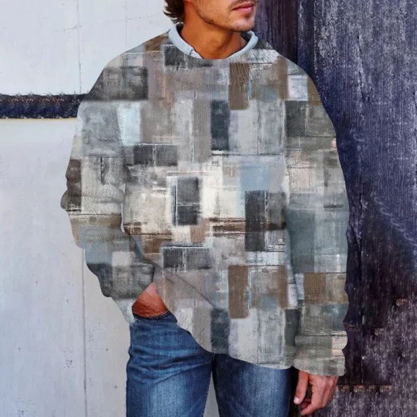 Men'S Printed Synthetic Sweater Round Neck Sportswear Loose Long Sleeved Top - Image 22