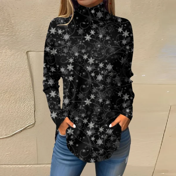 Women's Casual Christmas High Neck Pullover Long Sleeve Printed Fashion T-Shirt - Image 22