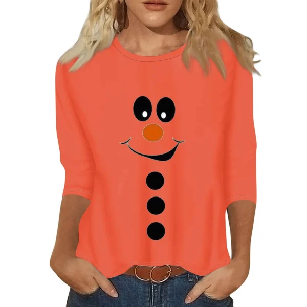 Women's Christmas Casual Round Neck T-Shirt Printed 3/4 Sleeve Loose Ladies Top - Image 34