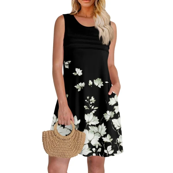 Women Summer Dresses CrewNeck Pleated Front Tank Sleeveless Pockets Sundress - Image 29