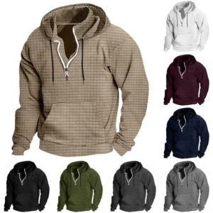 Men's Fashion Checkered Stand-up Collar Zipper Hooded Sweatshirt