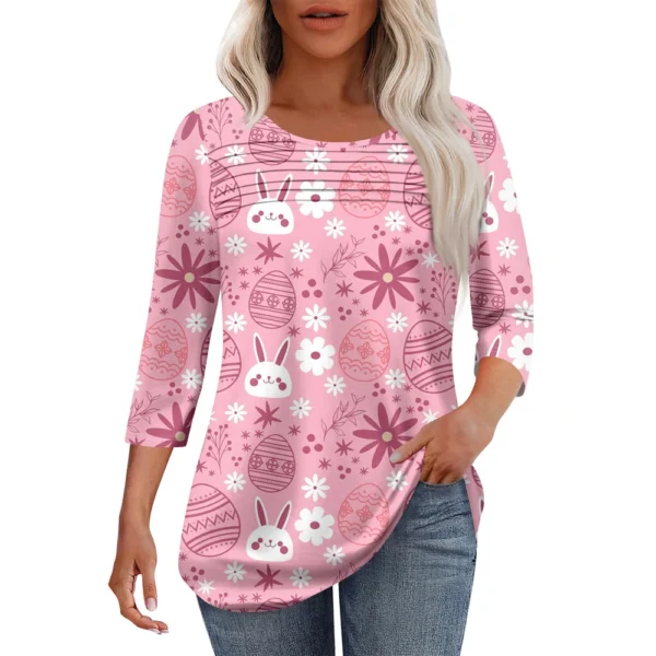Women's Fashion Round Neck Pleated Front Placket Print 3/4 Sleeve Top - Image 19