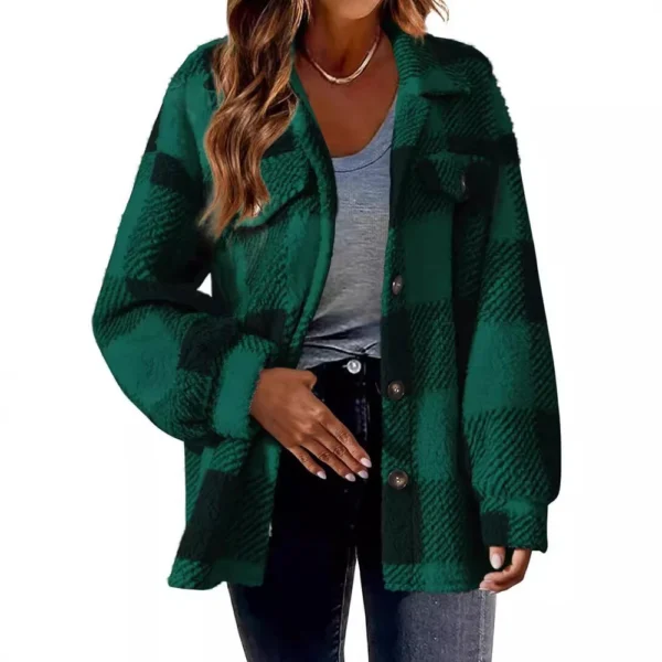 Pocket Plaid Jacket Button Plush Jacket - Image 4