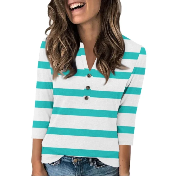 Women's Fashion Casual Loose 3/4 Sleeve Striped Printed Round Neck Top - Image 9