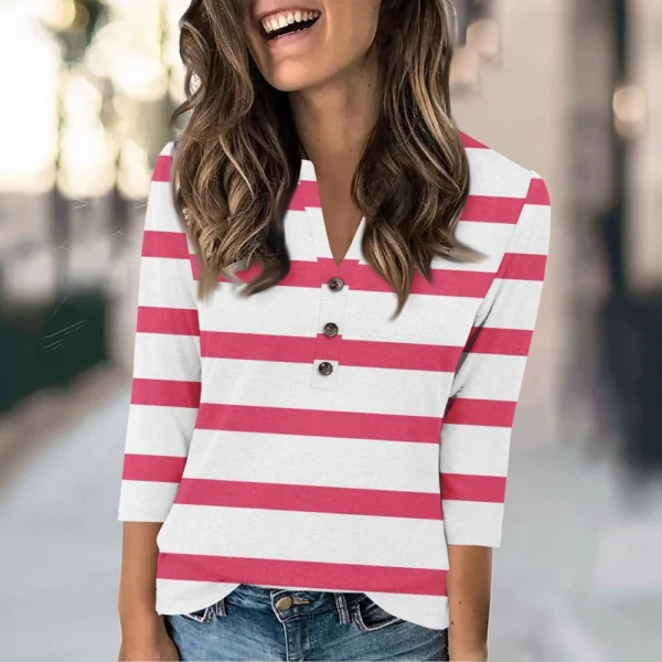 Women's Fashion Casual Loose 3/4 Sleeve Striped Printed Round Neck Top - Image 31