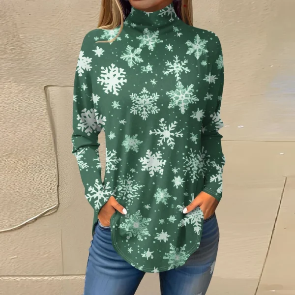 Women's Casual Printed High Neck Fashion Long Sleeve Pullover Christmas T-Shirt - Image 16