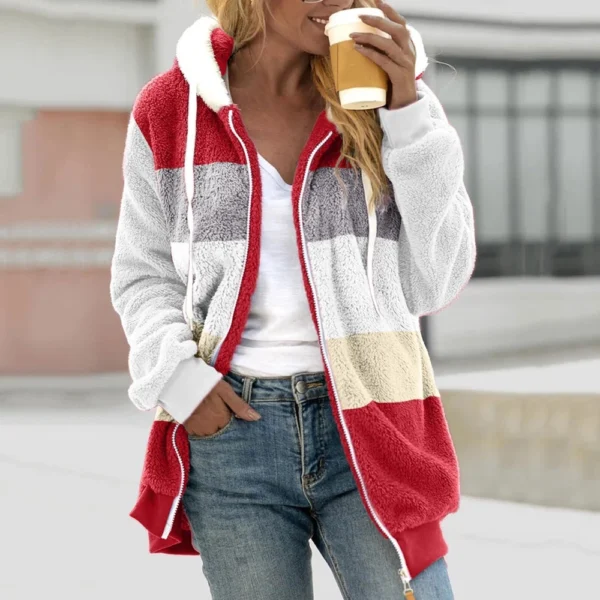 Women's Fashion Stitching Loose Hoodies Long Sleeve Plush Zipper Coat - Image 22