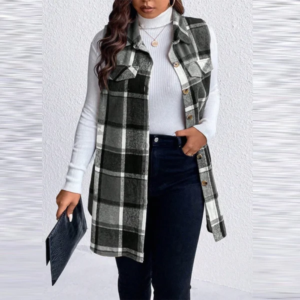Women's Plaid Sleeveless Waistcoat Fashion Loose Women's Woolen Coat - Image 6
