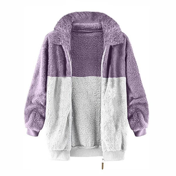 Women's Casual Color Blocking Loose Plush Zippered Flip Collar Jacket With - Image 9
