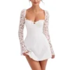 Women 's Elegant Lace Dress Lace Patchwork Long Sleeve Low Cut Dress Backless - Image 4