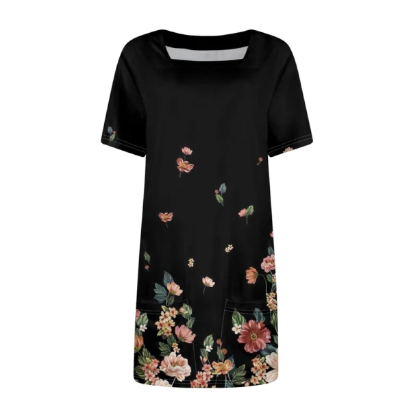 Women's Square Collar Short Sleeve Fashion Skirt Floral Print Pocket Casual - Image 12