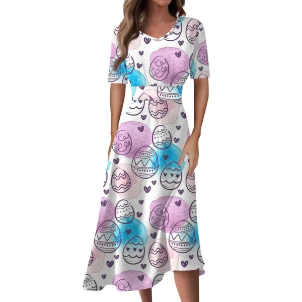 Ladies Casual Fashion Gradient Print V-Neck Short Sleeve Waist Long Swing Dress - Image 26