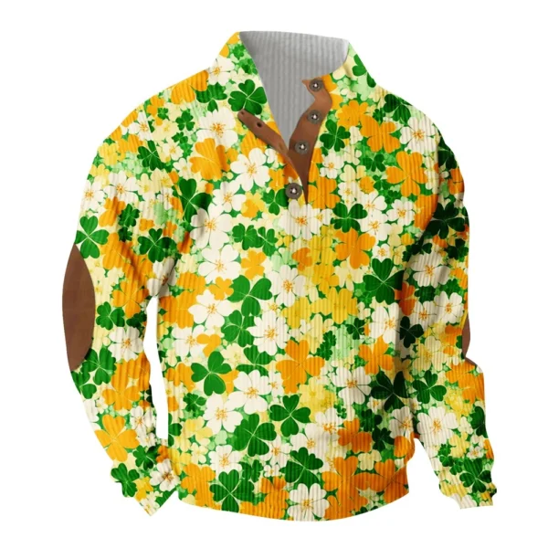 Knit Printed 3 Button - Corduroy Men's Standing Collar Pocket Sweatshirt - Image 3