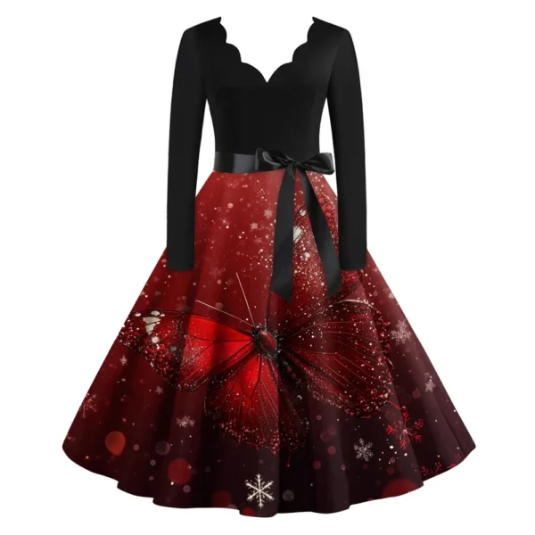 Women's Casual V-Neck Christmas Printed Fashion Long Sleeve Slim Dresses - Image 4