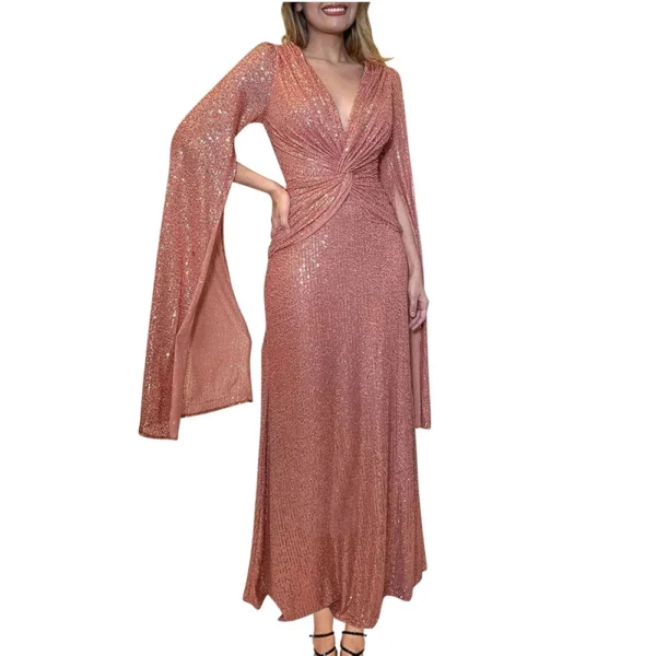 Women's Fashionable Solid Color V Neck Sequin Sexy Evening Dress Party Long - Image 22